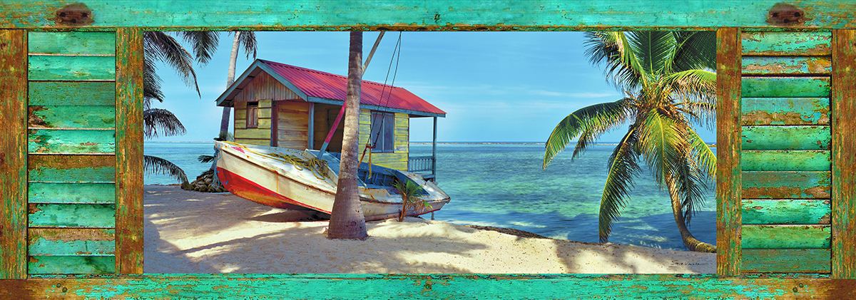 Green Shutter, Beach House — panoramic canvas print showing a tropical Caribbean beach scene with weathered teal shutters, rustic beach hut with red tin roof, palm trees, fishing boat, and crystal-clear turquoise waters